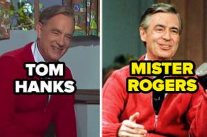 Tom Hanks as Mister Rogers wearing a sweater and tie, happily posing for the camera; Mister Rogers wearing the same sweater and tie, happily holding a shoe in his left hand