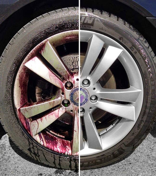A before and after image of a dirty hubcap becoming clean after using the product