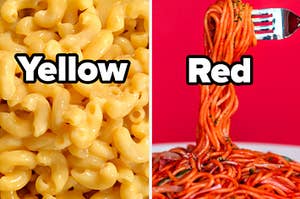 Mac和奶酪，上面写着“黄色”一词，叉子上满是意大利面条，上面写着“红色”