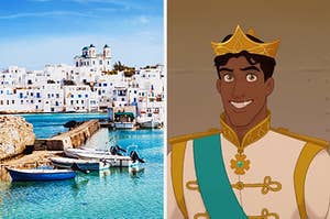 On the left, a beautiful Grecian island, and on the right, Prince Naveen from "The Princess and the Frog"