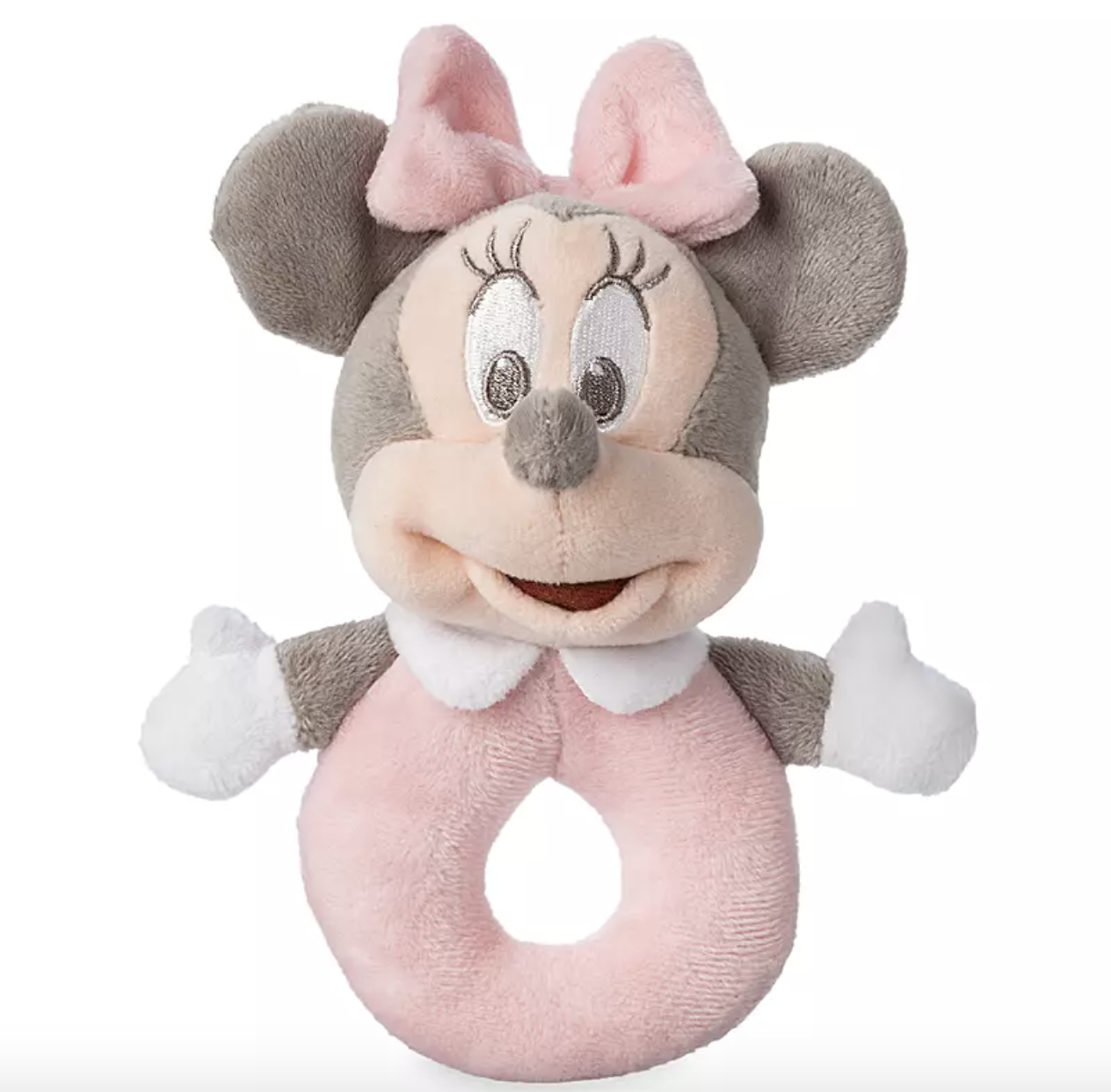 a pastel pink and light grey minnie mouse rattle