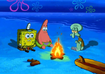 Spongebob, Patrick, and Squidward sitting by a campfire.