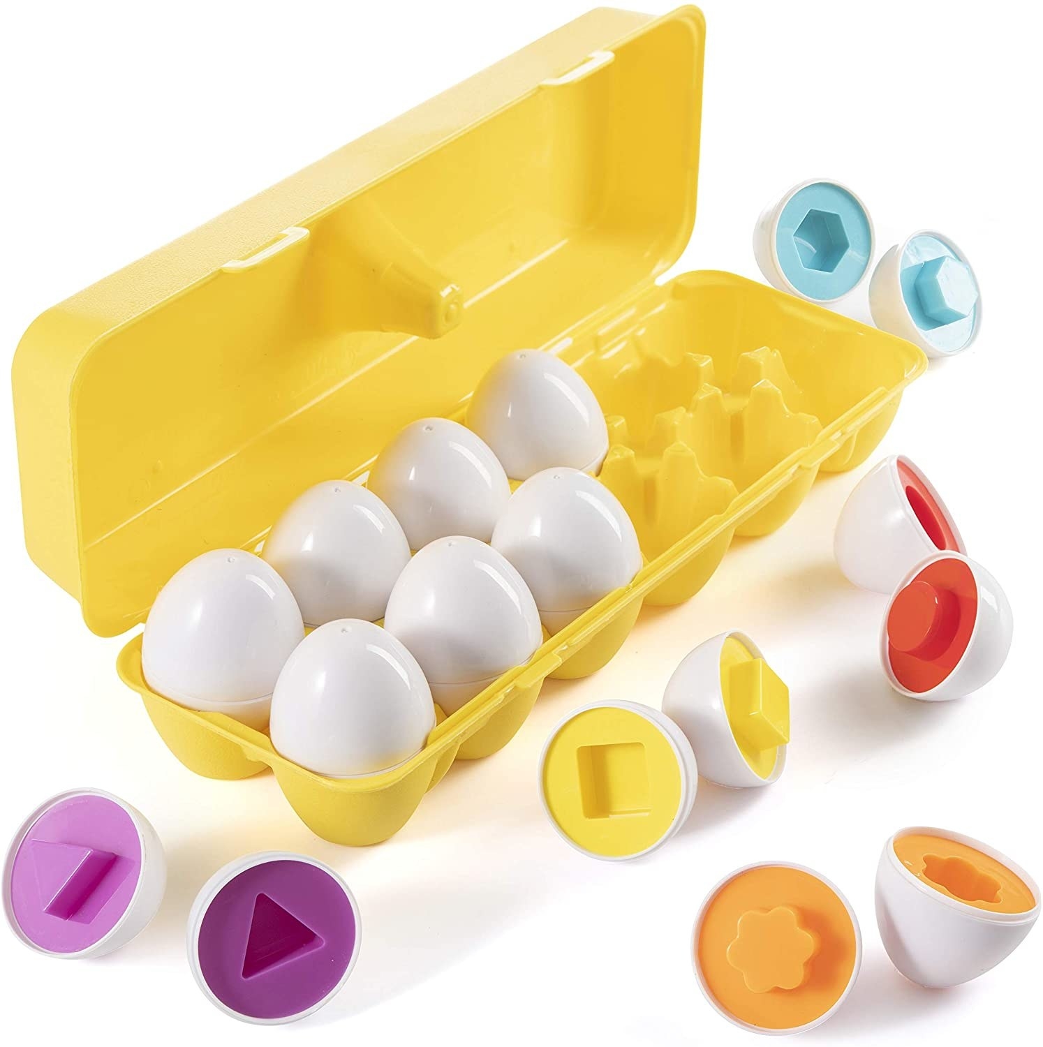 a yellow egg carton filled with toy eggs that break in half to reveal different shapes and colors inside