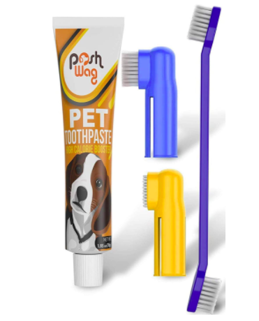 A brown toothpaste tube, a blue finger brush, a yellow finger brush, and a purple full-sized toothbrush