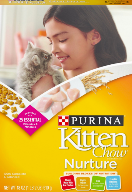 Yellow bag of dry cat food that says &quot;Purina Kitten Chow Nurture&quot;