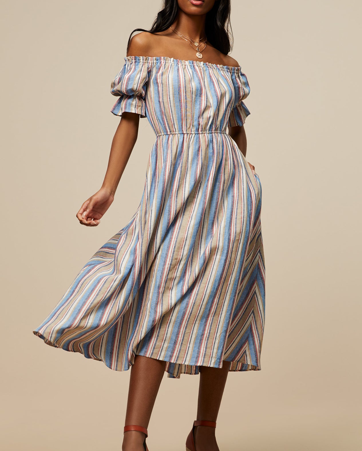 Model wearing the striped dress 