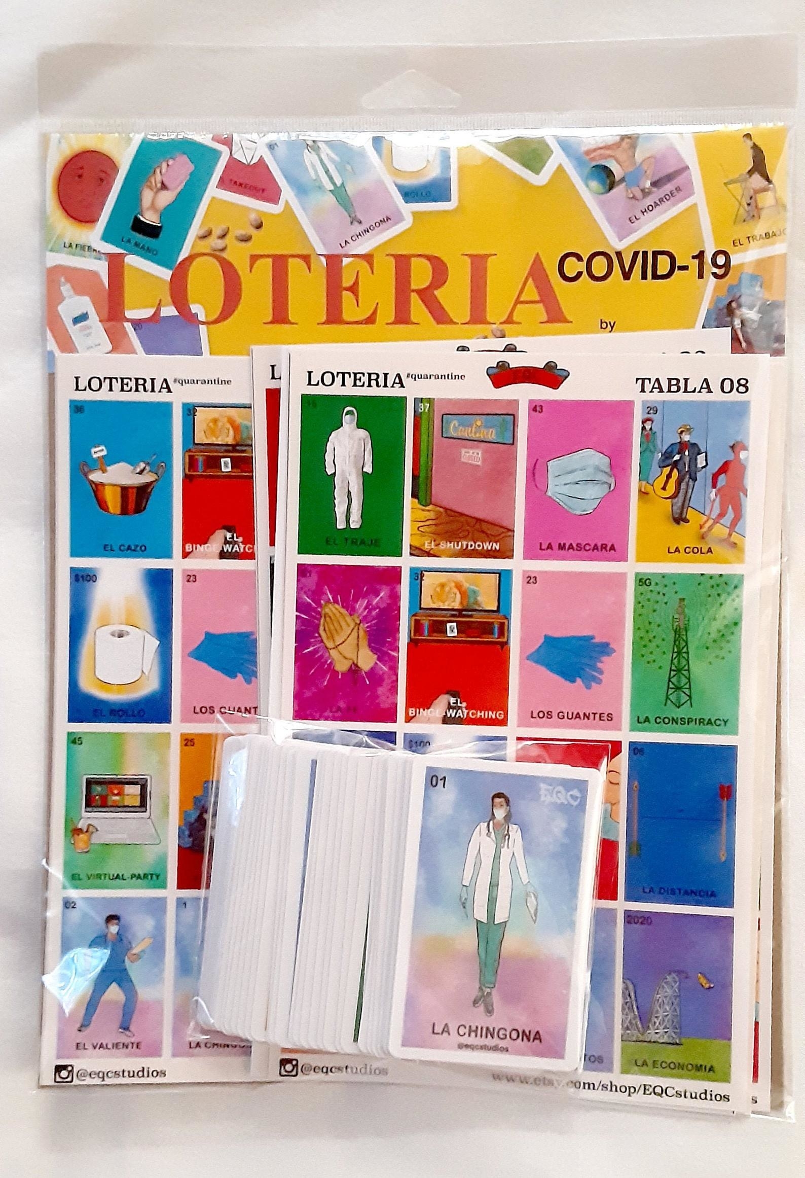 bag of Loteria cards with photos on them similar to bingo squares and a stack of cards for calling out the terms that players would search for on their cards