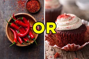 On the left, a bowl of spicy chili peppers with a smaller bowl of chili flakes, and on the right, a red velvet cupcake with the word "or" typed in between the two pictures