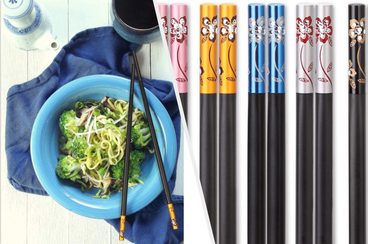 A split image of a set of black chopsticks on a blue bowl with a close up of the ornate colorful designs on the sticks