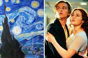 Starry Night painting on the left with Jack and Rose looking up on the right