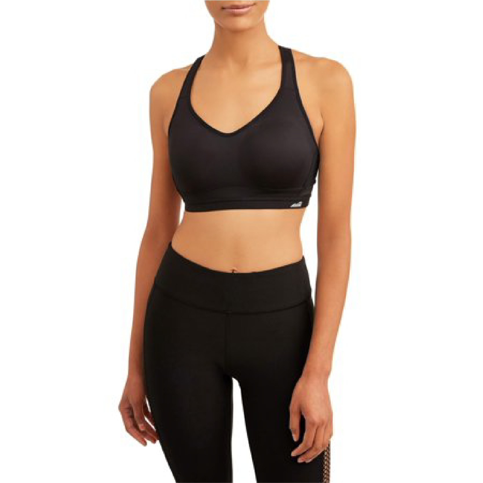 Model wearing the black sports bra with molded cups