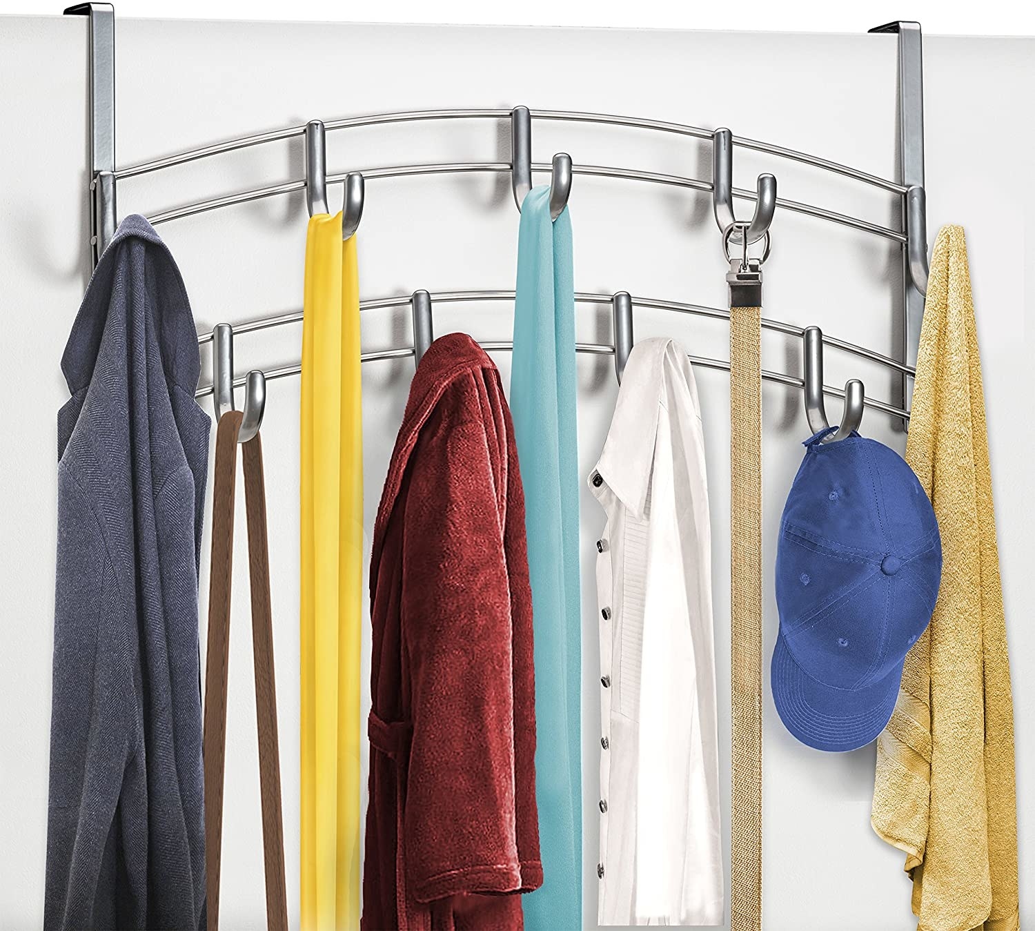 A large over-the-door rack with two tiers of hook Bags, scarves, and hats are hanging from the hooks