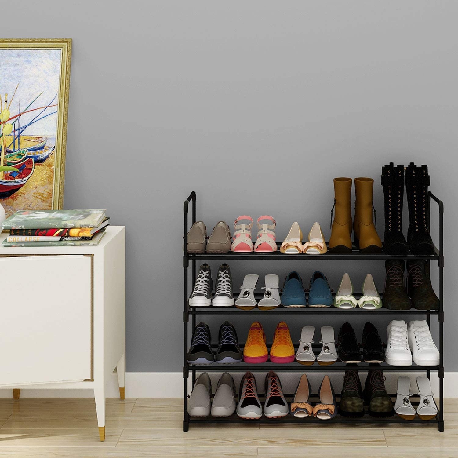 A shoe rack with four tiers and filled with shoes