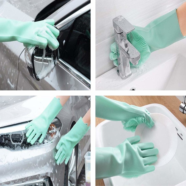 A collage showing that the gloves can be used to clean cars or wash the bathroom.