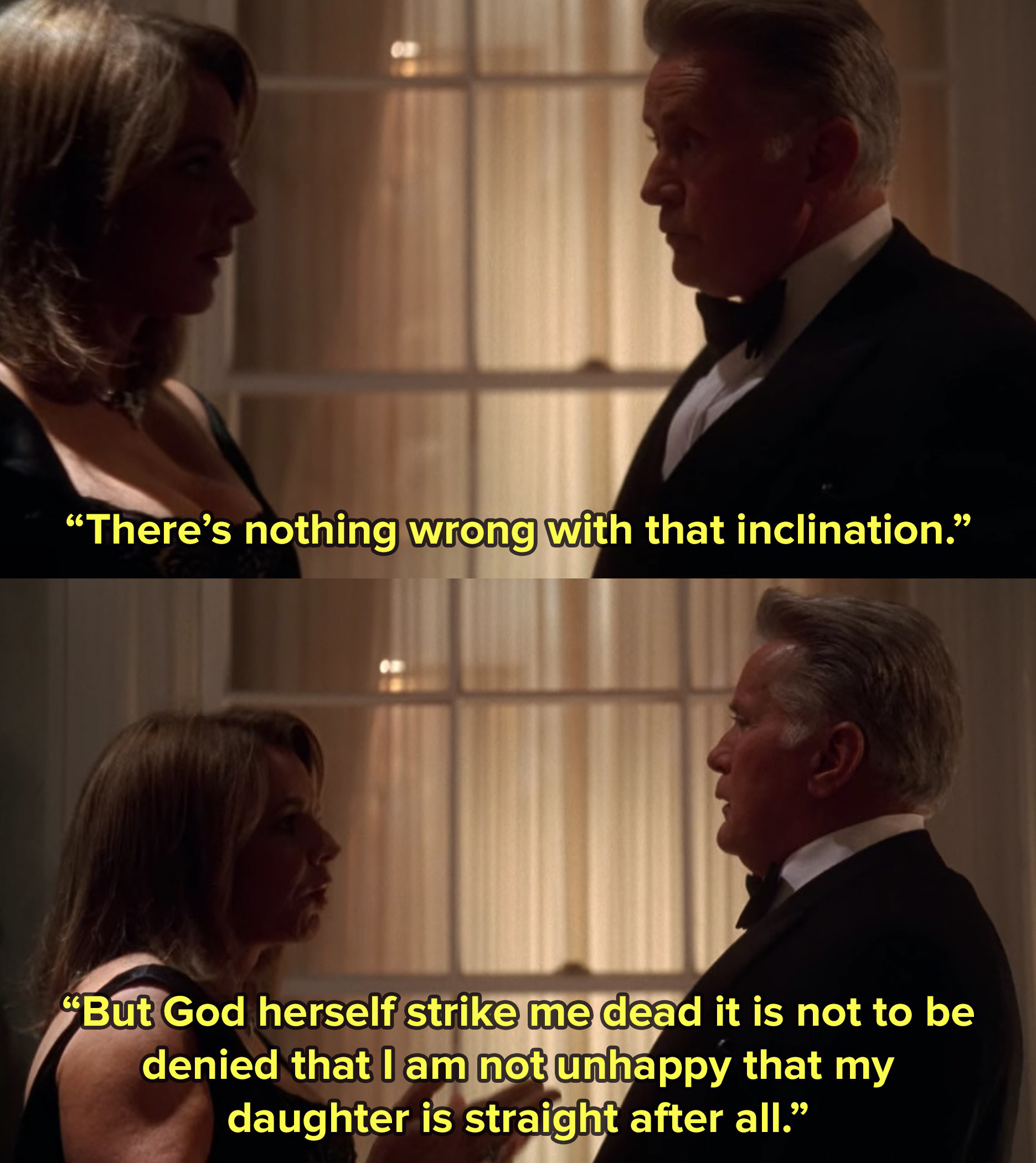 Abby and her husband in The West Wing wait outside of a function dressed in formal attire and Abby says there&#x27;s nothing wrong with that inclination, but it can&#x27;t be denied that I&#x27;m unhappy my daughter is straight after all
