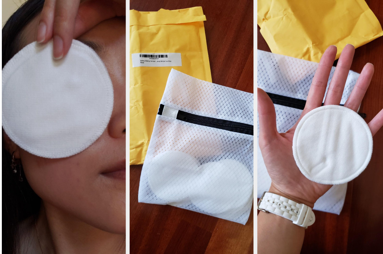 Reviewer&#x27;s photos of round white makeup remover pads held in hand and against face for scale 