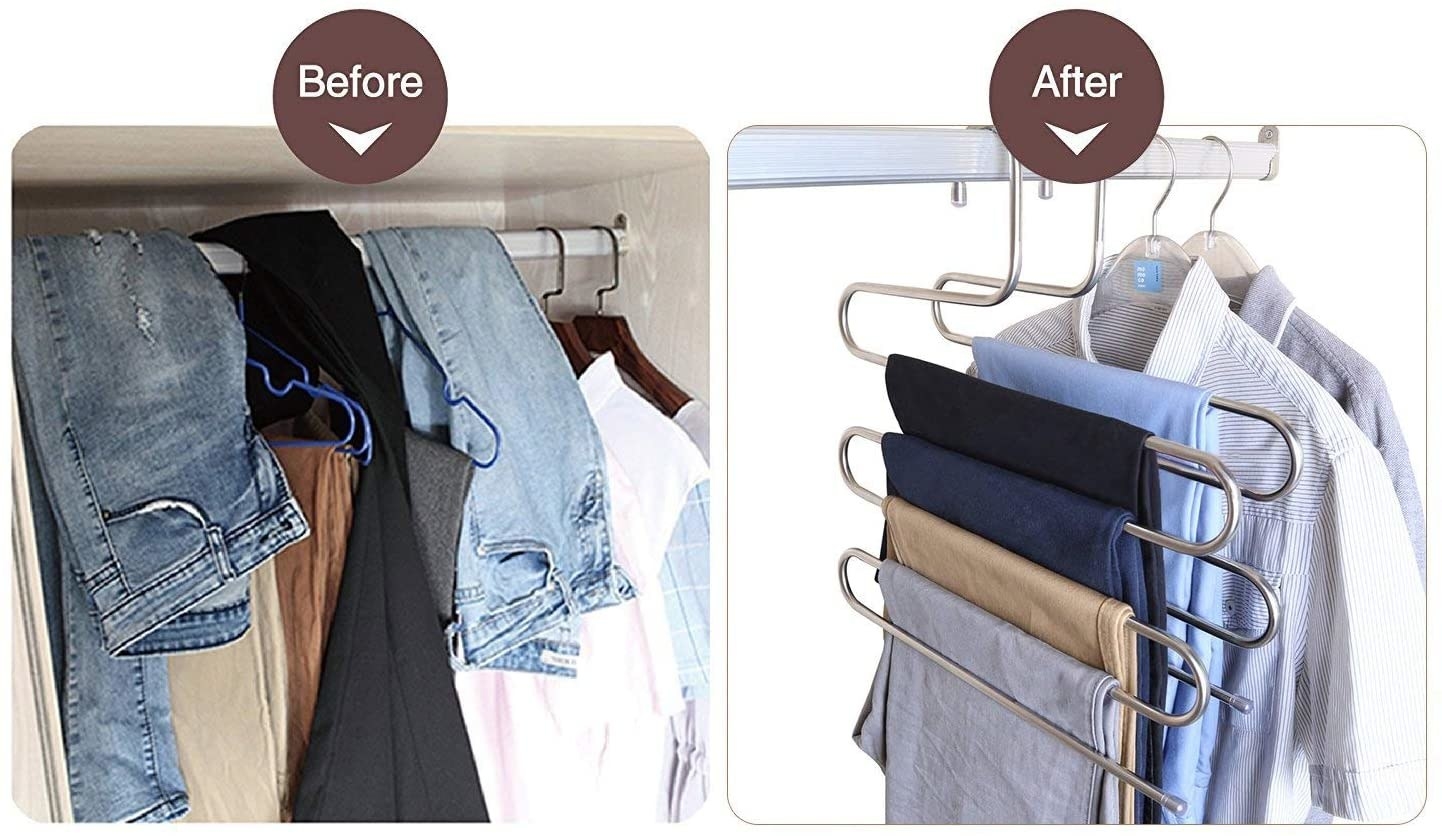 A before image of a multiple pairs of jeans hanging over a clutter clothing rod and an after image of multiple pairs of pants hanging from an S-shaped hanger