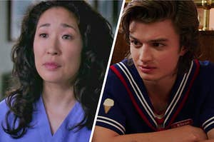 On the left, Sandra Oh as Cristina Yang on "Grey's Anatomy," and on the right, Joe Keery as Steve Harrington on "Stranger Things"