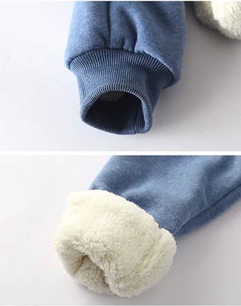 the cuff of the sweatpants showing how it is reversible from cotton to sherpa