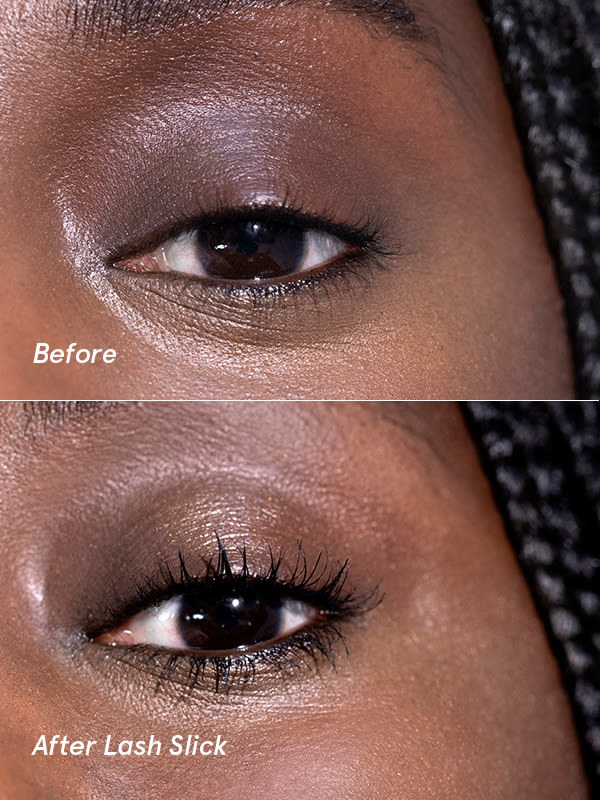 Before and after of model wearing the mascara showing it added thickness and length without looking clumpy