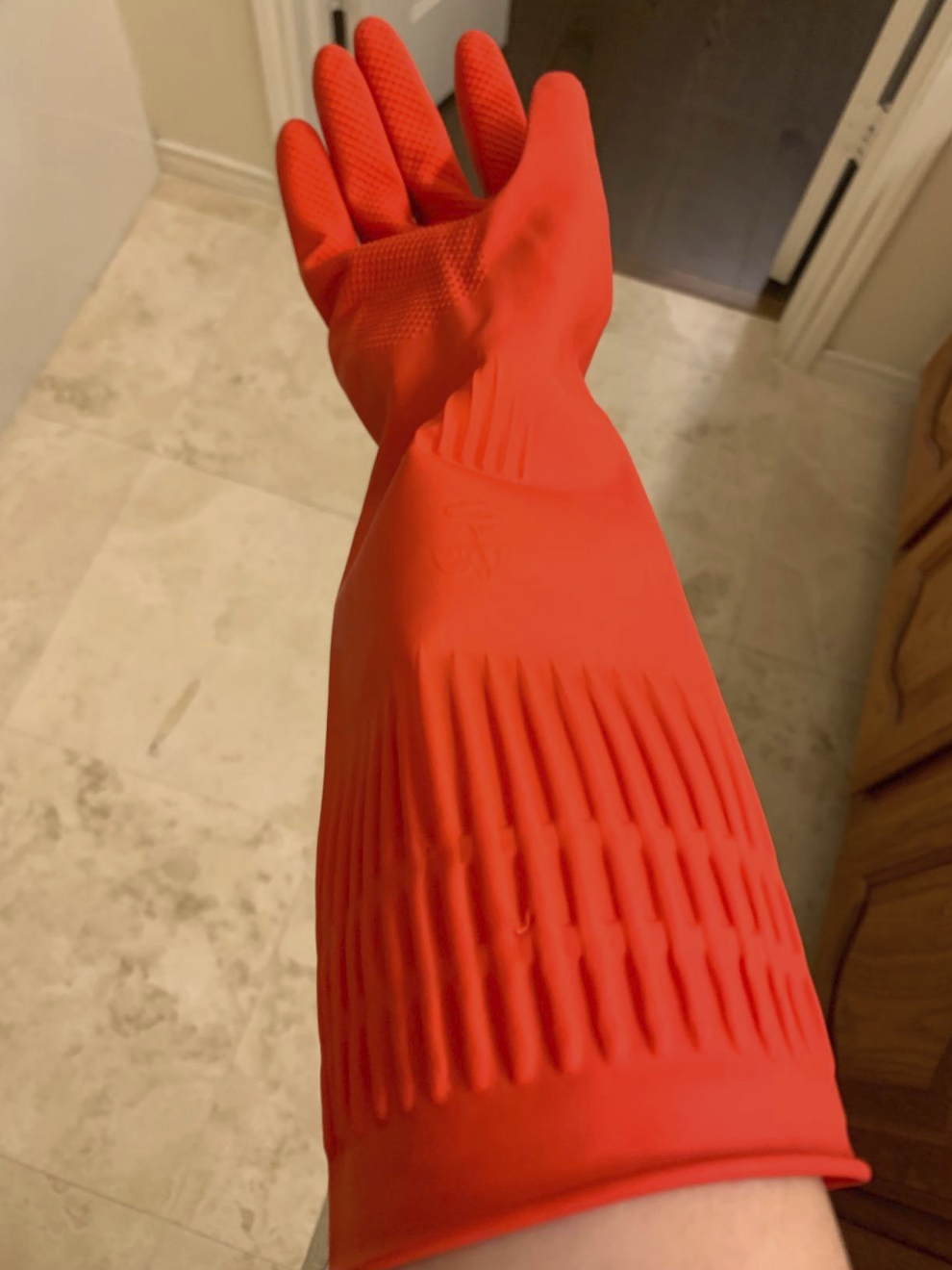 Reviewer&#x27;s hand wearing the long glove