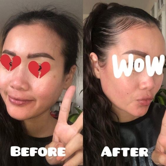 Reviewer with flyaways and then with sleeker updo with zero flyaways 