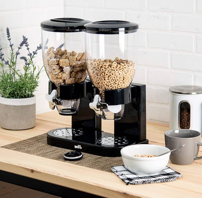 A dual cereal dispenser with two different types of cereal inside