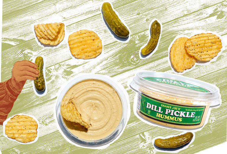 Collage of pickles, chips, and hummus