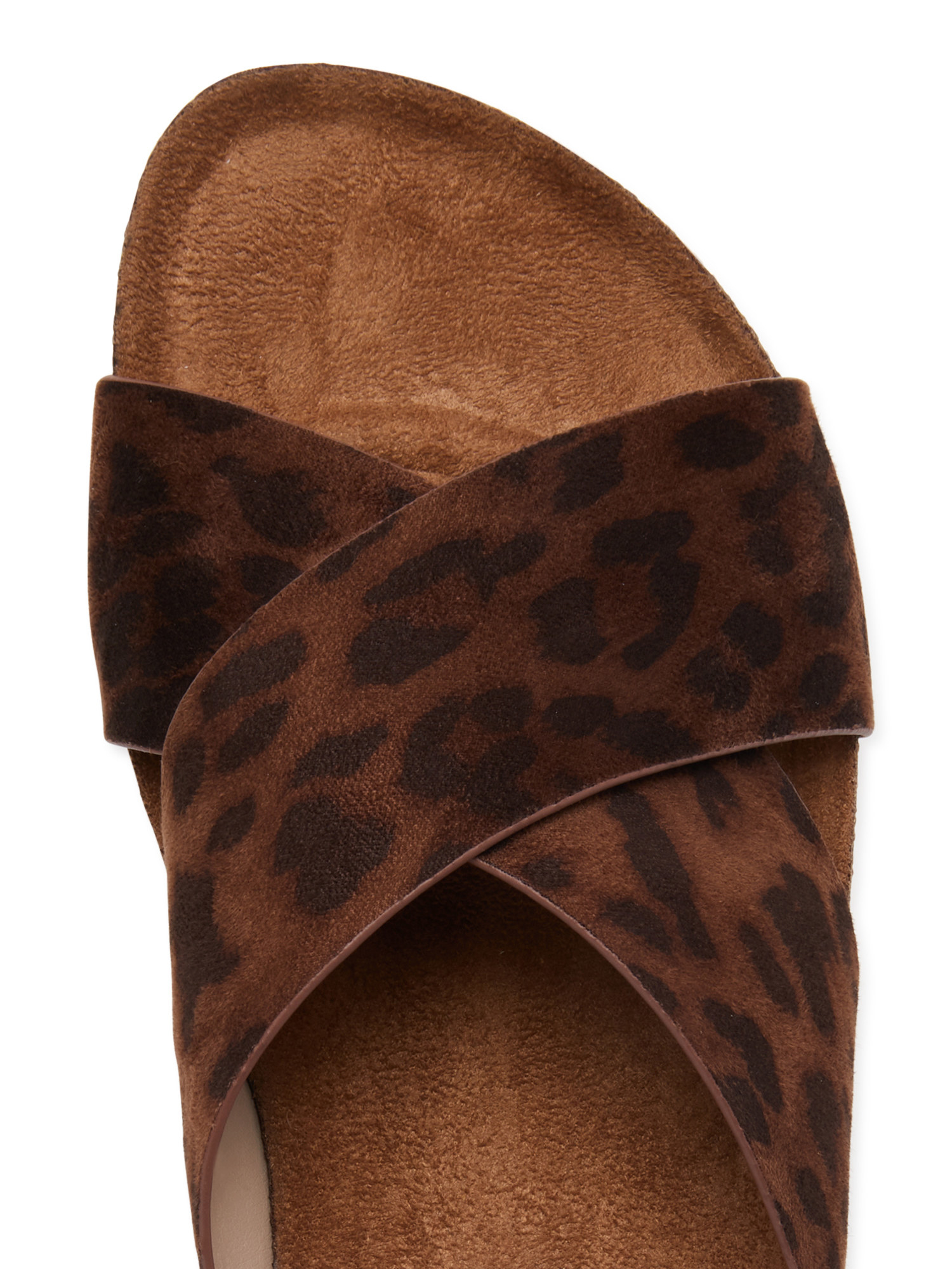 A top-down view of a leopard print sandal