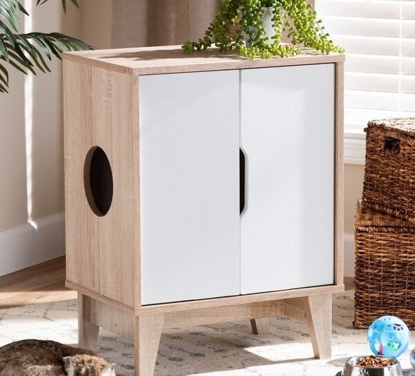 A two door mid century modern side table with a hole in the side for a cat to get into and room for plants, a lamp, or books on top