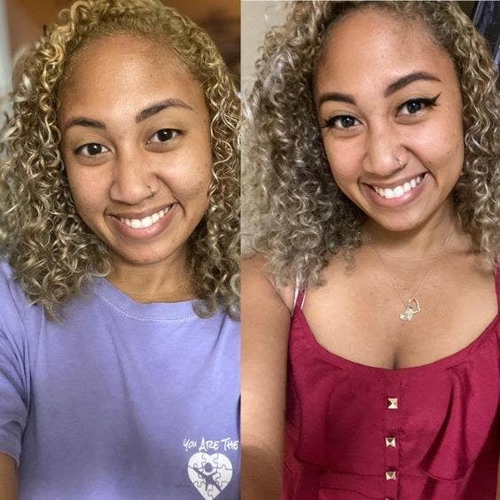 Reviewer&#x27;s before-and-after with brassy, yellow curls and then platinum blonde curls 