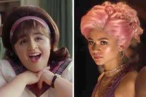 Tracy from "Hairspray" is singing on the left while Anne from "The Greatest Showman" looks toward the center