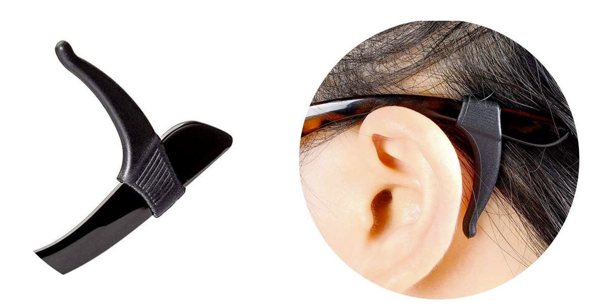 A closeup of the eyeglass sleeve on a pair of eyeglasses, keeping it hooked behind the ear