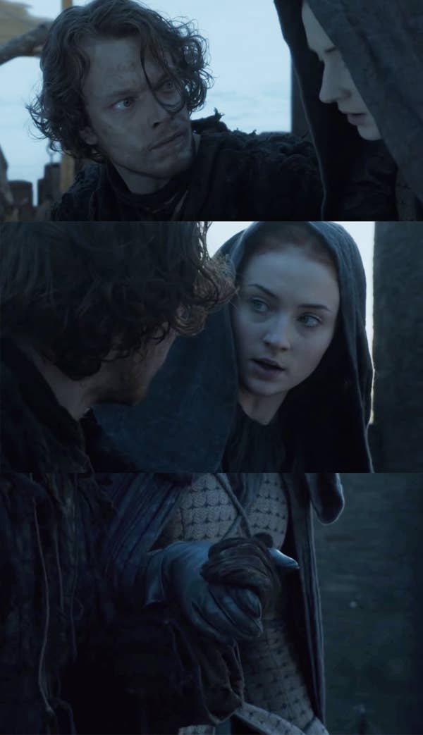 Theon taking Sansa&#x27;s hand as they getting ready to jump off the side of the castle together. 