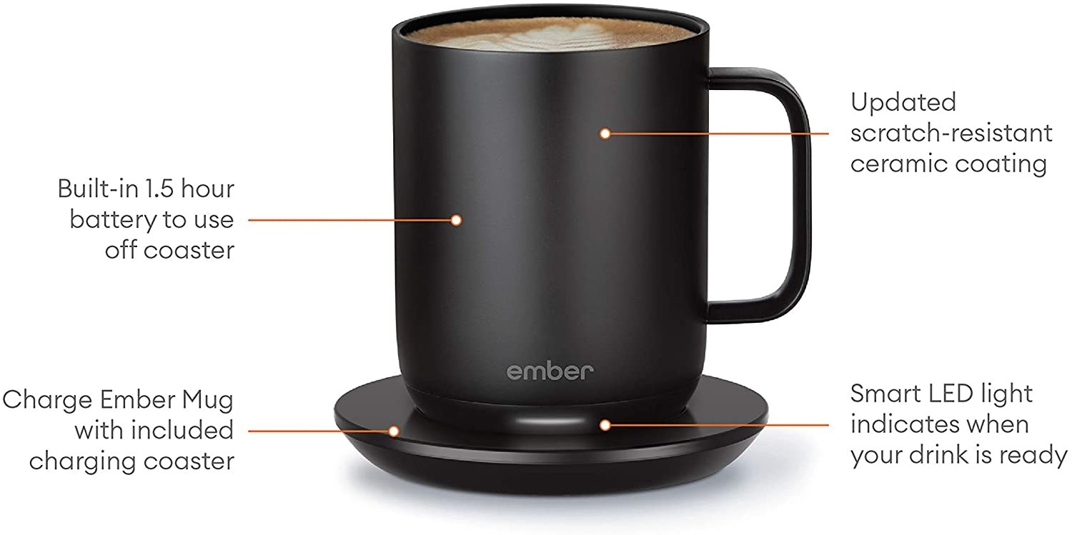 Infographic explaining the mug's feature, including its 1.5-hour battery, charging coaster, and scratch-resistant coating