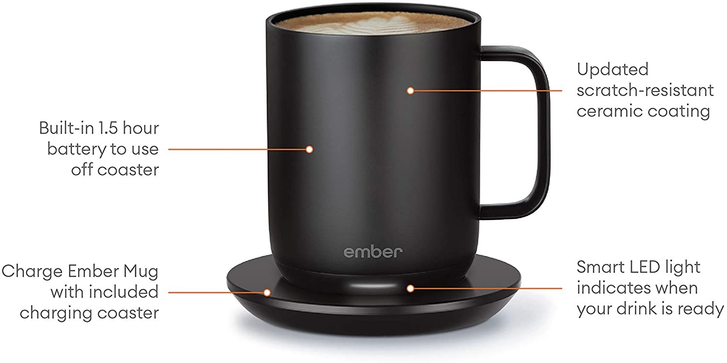 Infographic explaining the mug&#x27;s feature, including its 1.5-hour battery, charging coaster, and scratch-resistant coating