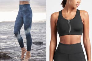 A model wearing leggings and a model wearing a sports bra