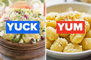 Potato salad with the text "YUCK" and Gnocchi with the text "YUM"