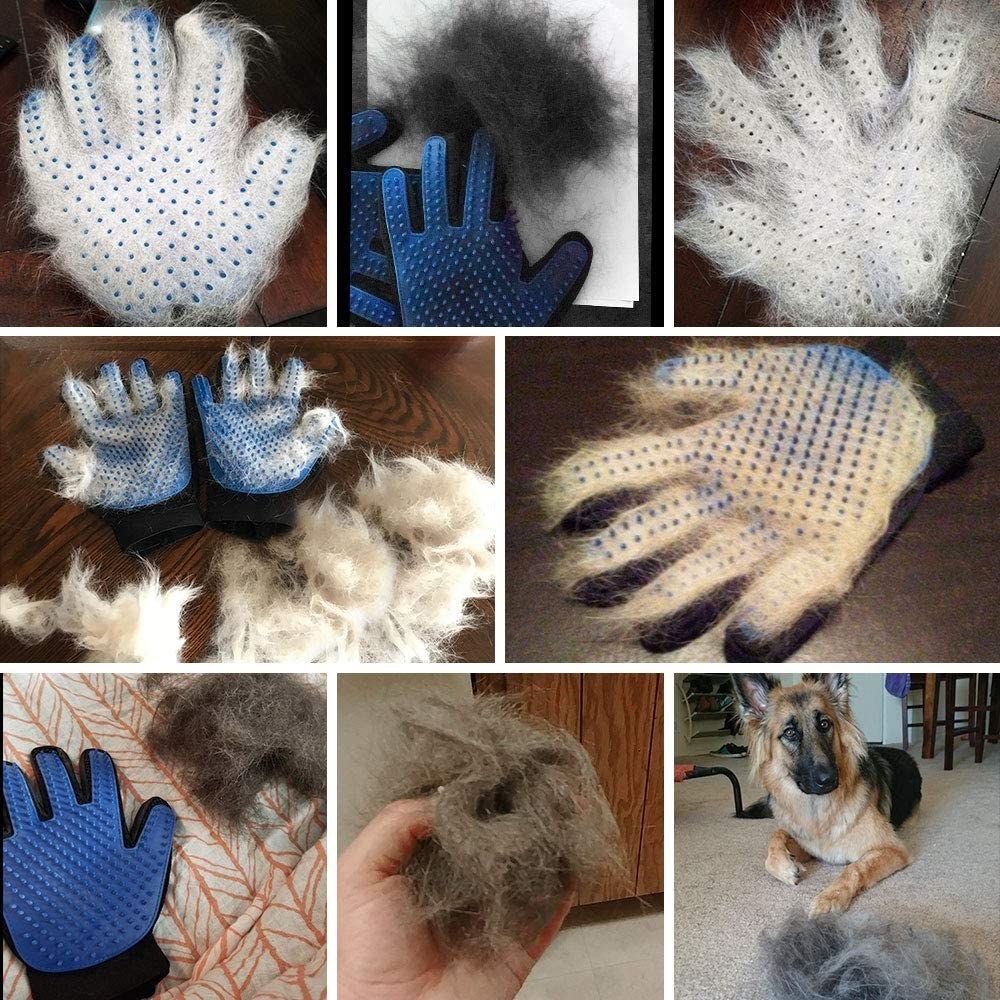 A collage of reviewer's photos of them using the grooming glove and in each photo the glove is covered in pet hair successfully groomed off their pet