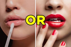 On the left, a close up of shiny, sticky lips covered in lip gloss with a lip gloss wand pressed to them, and on the right, a close up of a mouth with lipstick with "or" typed in between the two pictures