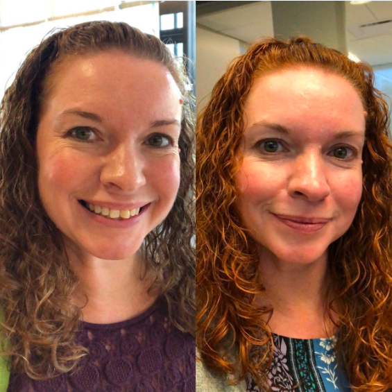 A reviewer showing the before and after of using the product with their hair looking more naturally red in the second image