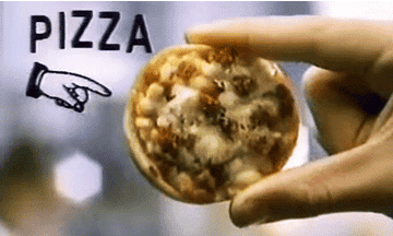 GIF a kid&#x27;s fingers holding a Bagel Bite with a drawing of a finger pointing at it, with the word &quot;pizza&quot; above it.