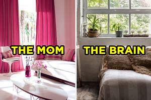 On the left, a modern living room with a window, coffee table, and a couch and chair with "the mom" typed on top, and on the right, a small bedroom with a bed near a window with plants on the windowsill with "the brain" typed on top