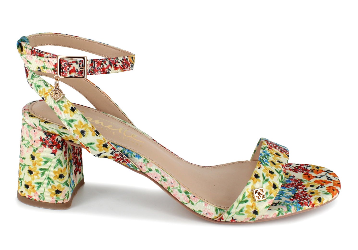 An ivory floral pattern sandal with an ankle strap and light insole