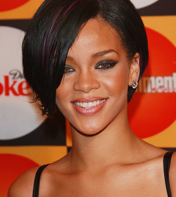 Here, Rihanna has a bright color just peeking out from her bangs