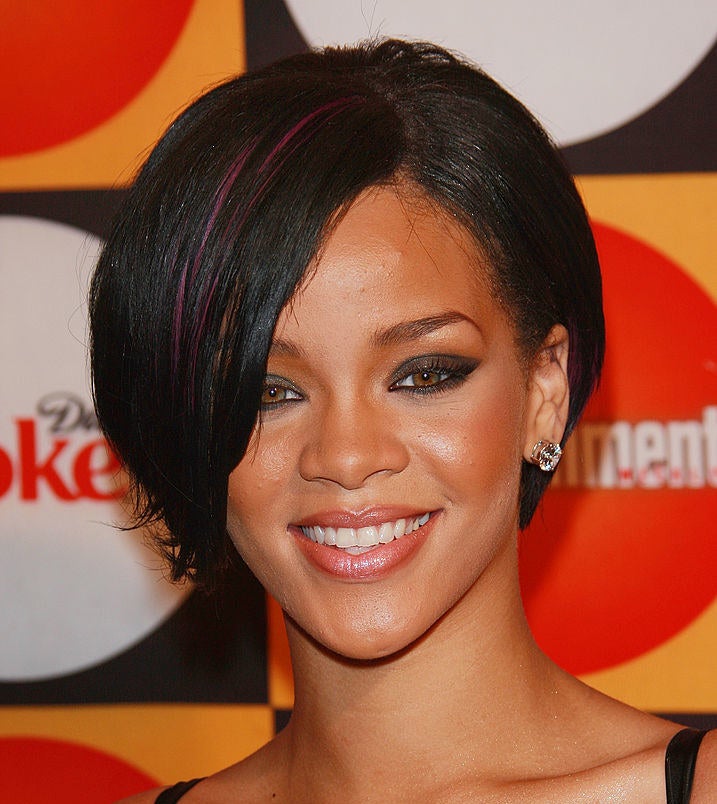 Here, Rihanna has a bright color just peeking out from her bangs
