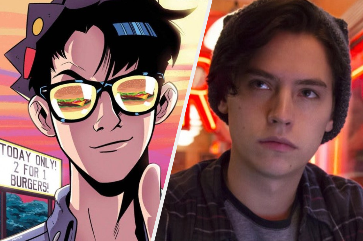 a dual image shows an illustration of the character Jughead in the new Riverdale comics and a photo of Cole Sprouse as Jughead in Riverdale