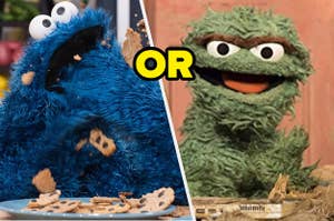 Cookie Monster is on the left eating cookies while Oscar is on the right smiling
