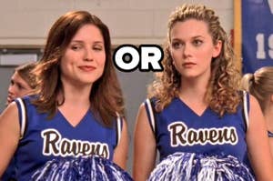 Brooke and Peyton are standing in a cheerleading outfit, looking to the side