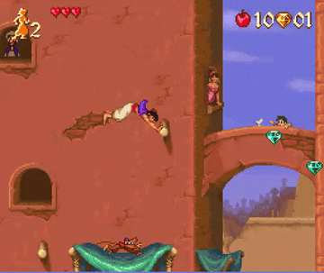 A GIF from the &quot;Aladdin&quot; game of Aladdin swinging in the marketplace level. 